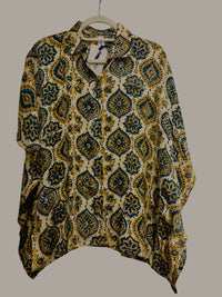 Modal Silk Kaftan - Block Print Top - Ivory and Blue