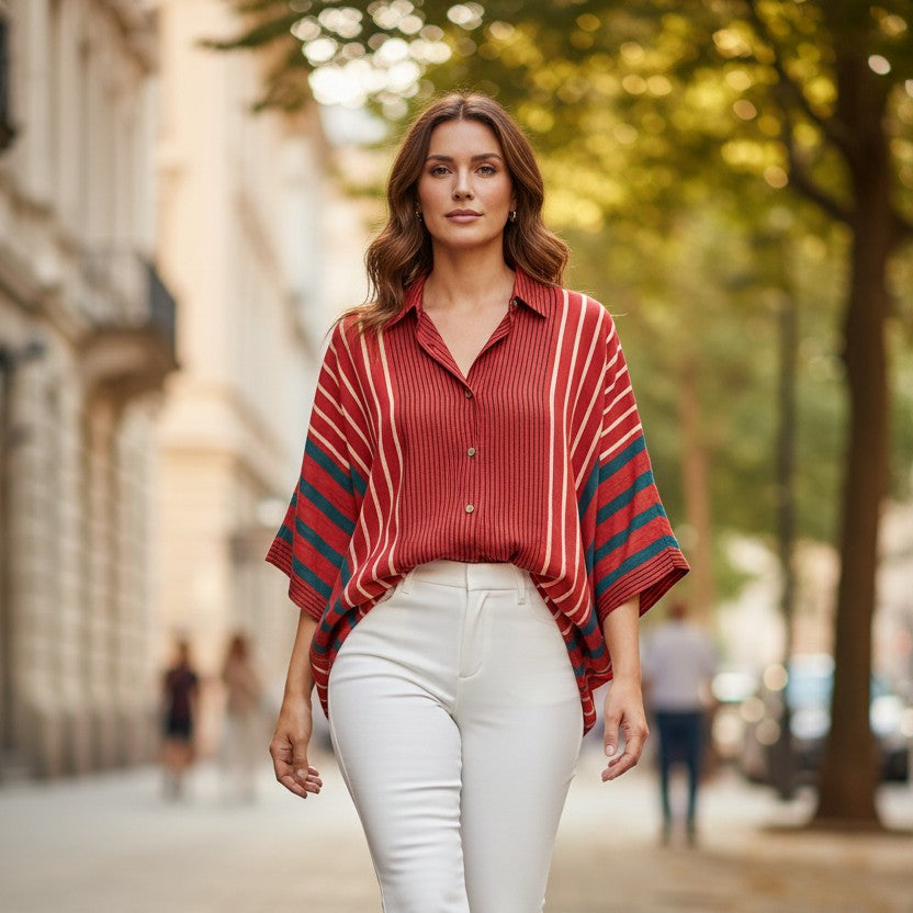 Model wearing Les Sûtras Modal Silk Kaftan - Block Print Top - Maroon paired with white trousers. 