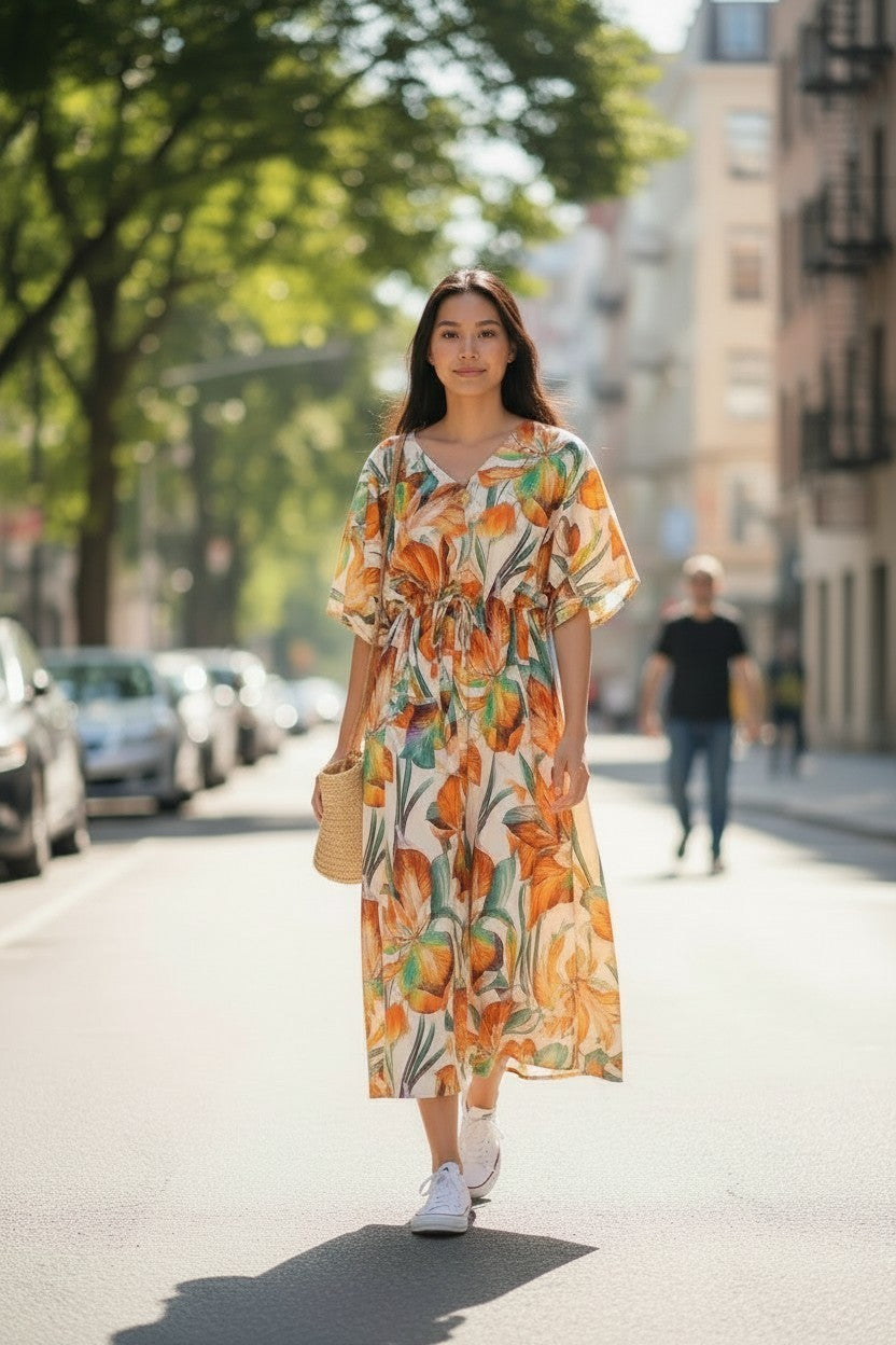 Model wearing Les Sûtras' Multi-coloured Floral Cotton Dress paired with white canvas shoes and a tote bag. 
