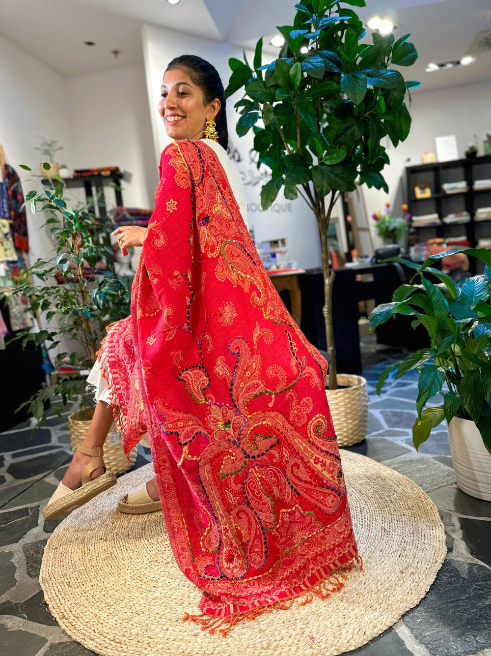 Thread Embroidered Red Wool Scarf