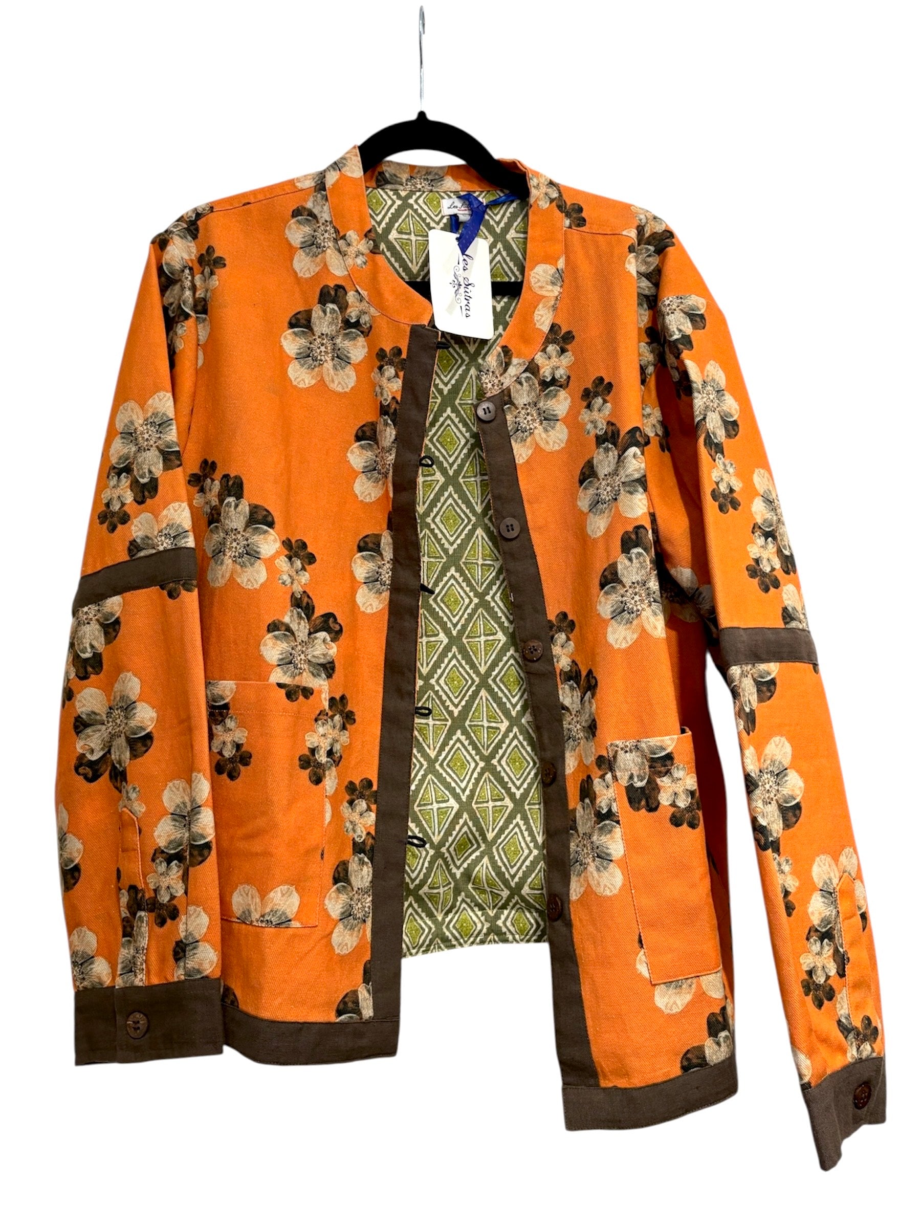 Denim Printed Orange Floral Jacket for Men