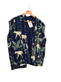 Cotton Leopard Kantha Stitch Gillet Jacket