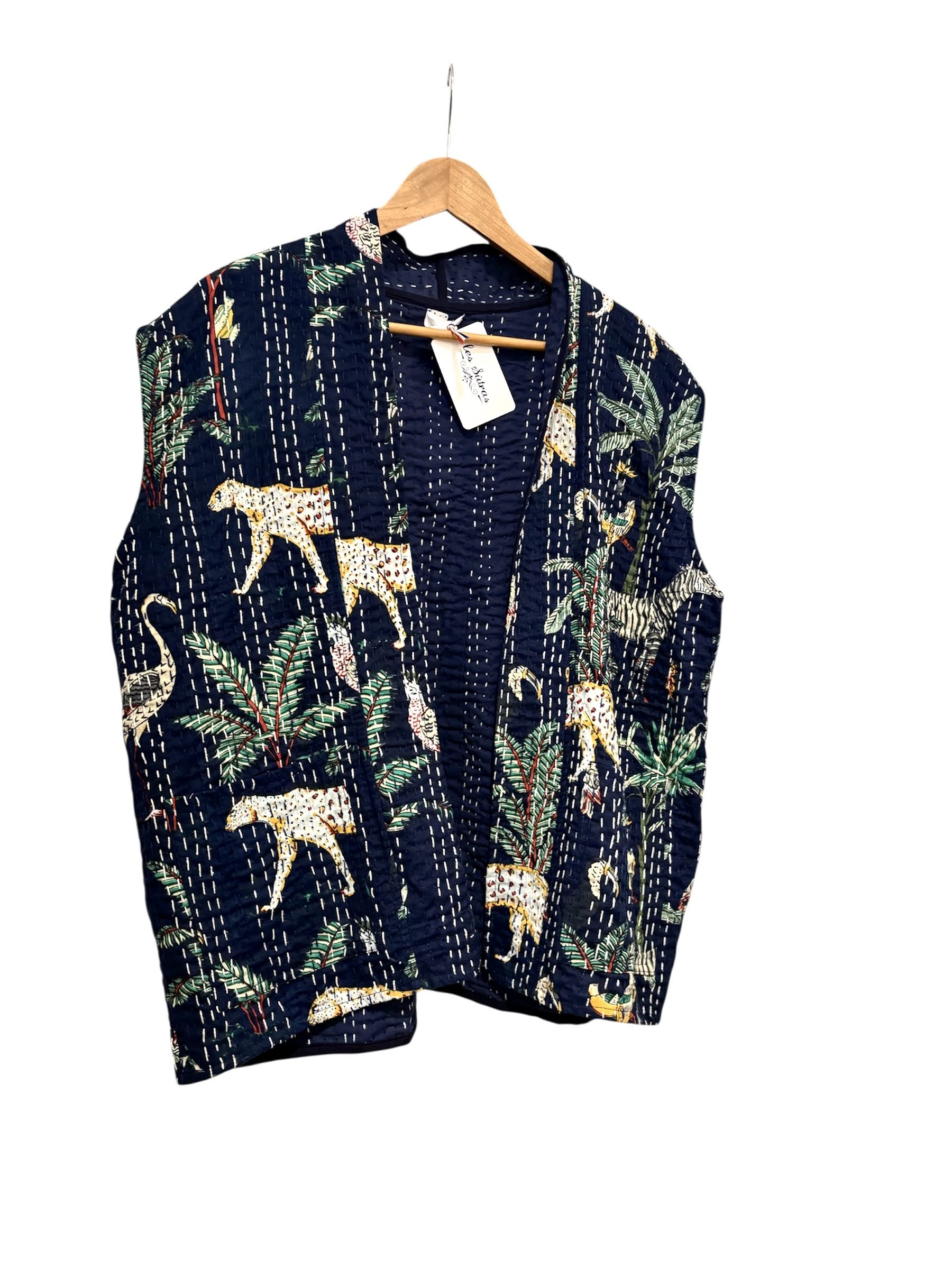 Cotton Leopard Kantha Stitch Gillet Jacket