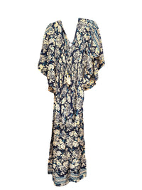 Kleid aus marineblau-cremefarbenem Seidenviskose mit Blumenmuster