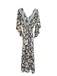 Kleid aus marineblau-cremefarbenem Seidenviskose mit Blumenmuster