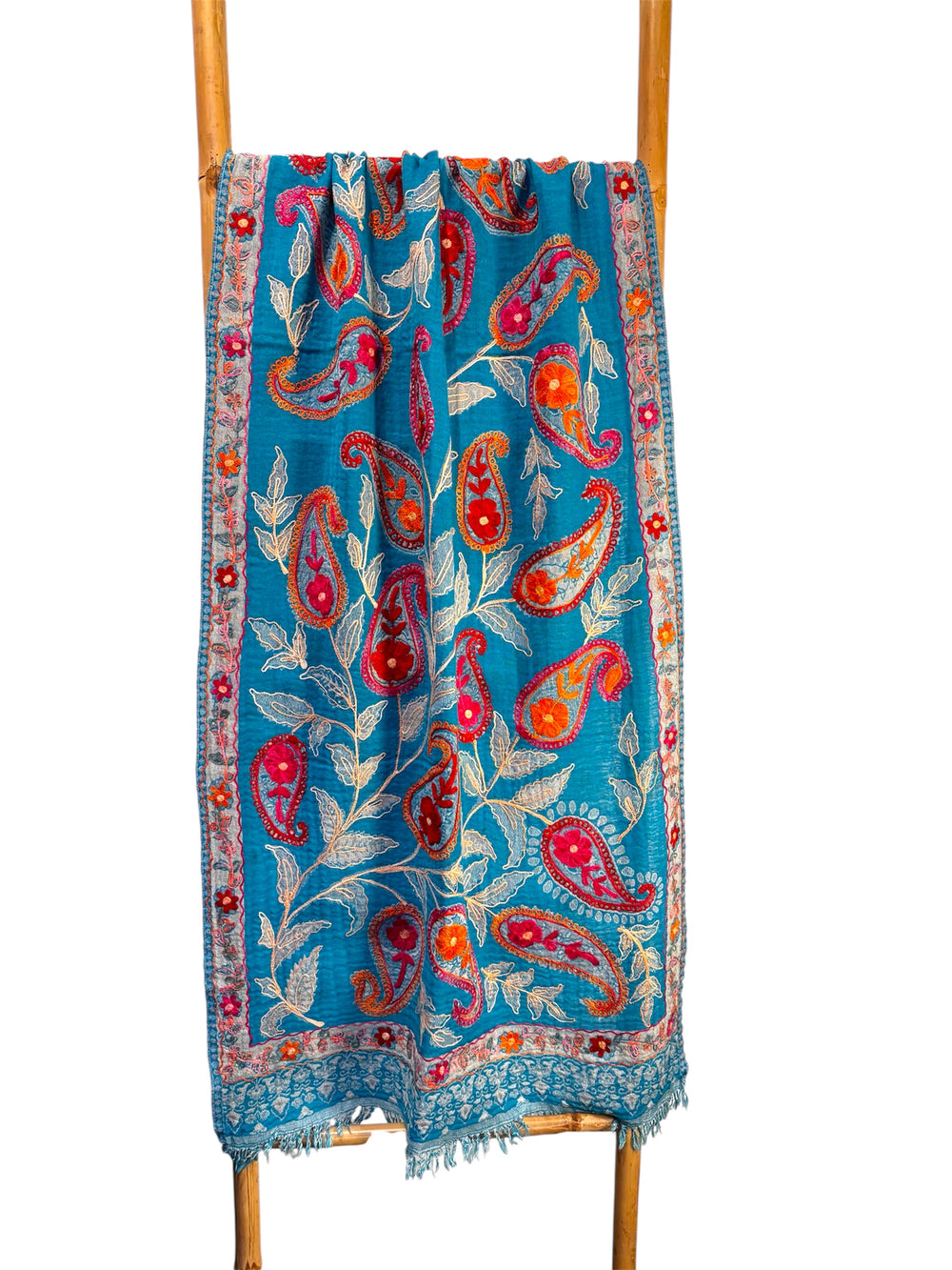 Wool Scarf with Paisley Embroidery - Turquoise Blue