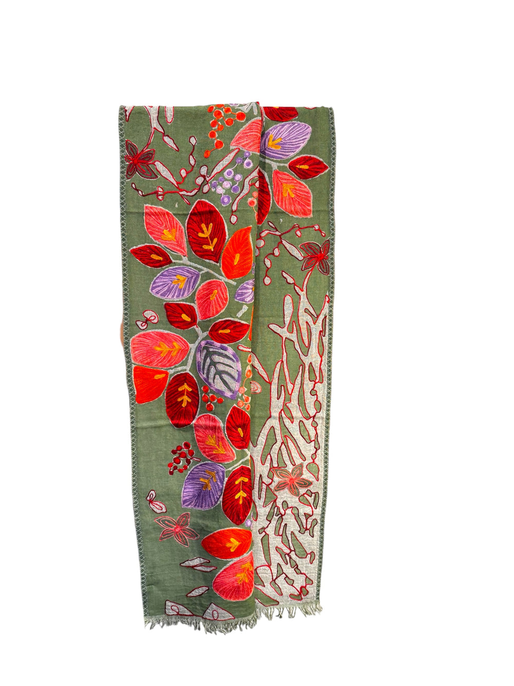 Wool Scarf with Paisley Embroidery - Green