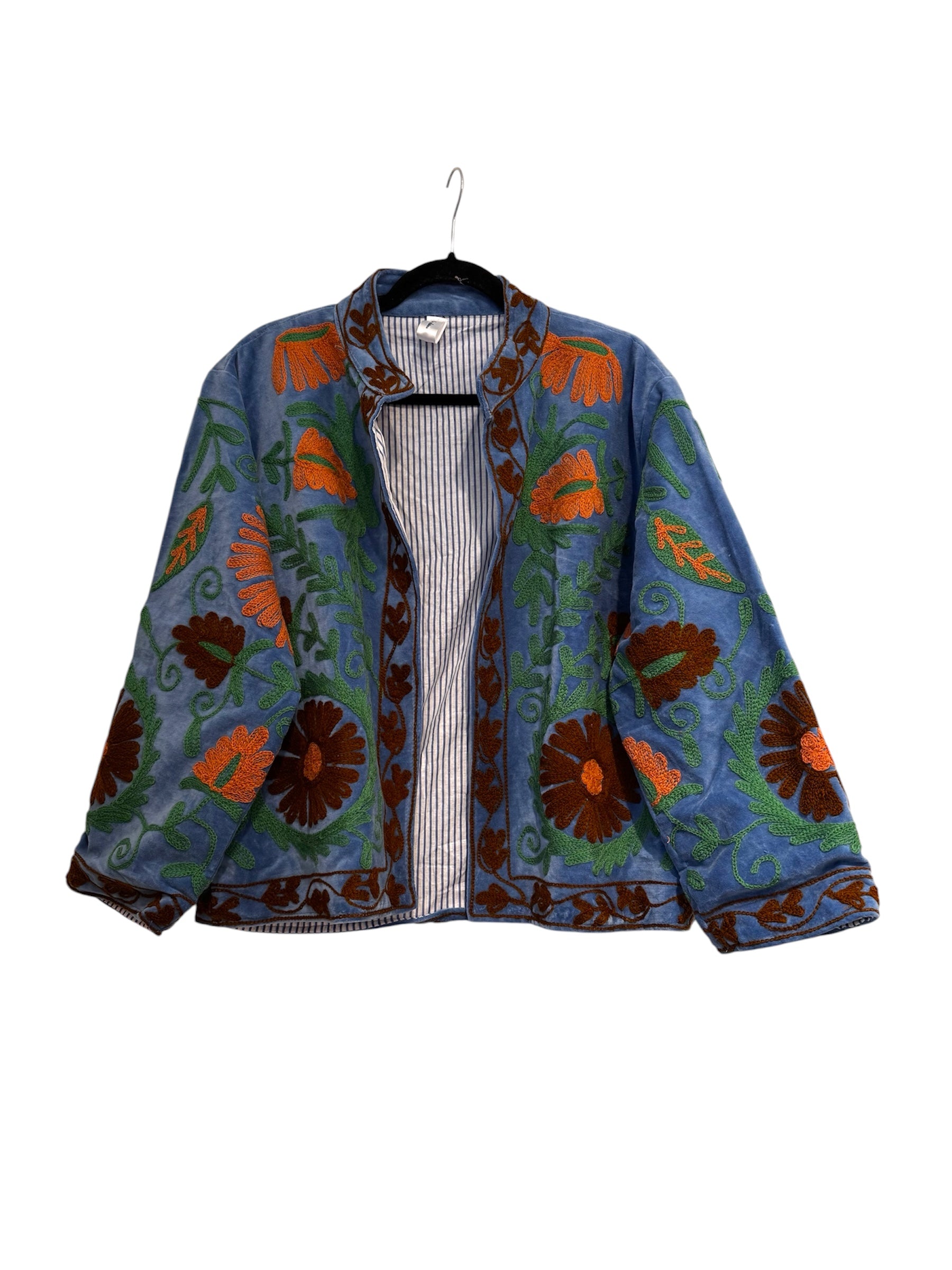 Velvet Suzani Embroidered Jacket -Blue