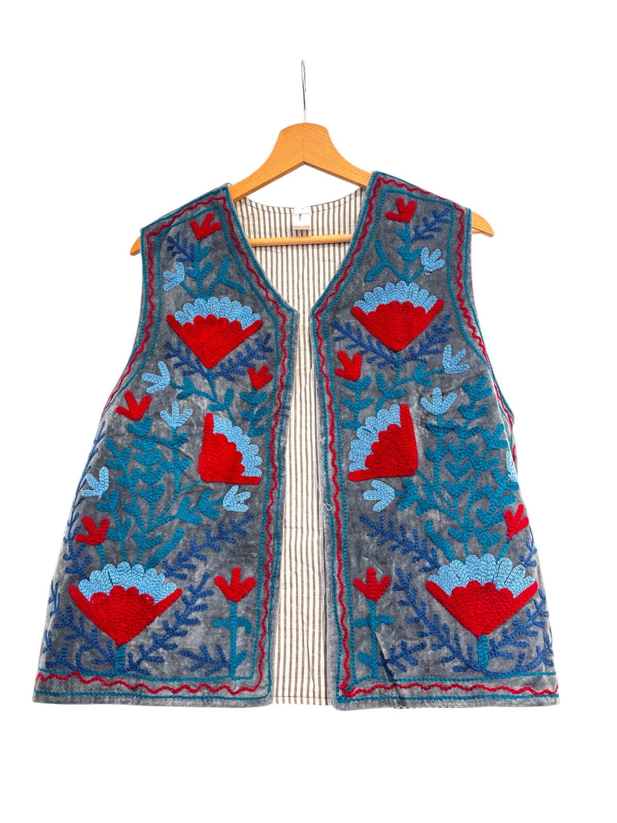 Velvet Suzani Embroidered Gillet -Blue - Grey