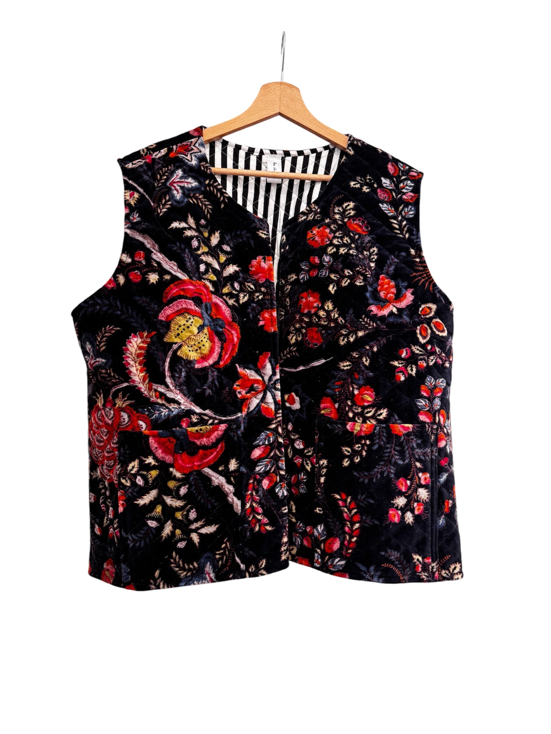 Velvet Quilted Sleeveless Jacket - Black - Plus Size