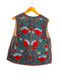 Velvet Suzani Embroidered Gillet -Red
