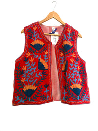 Velvet Suzani Embroidered Gillet - Red
