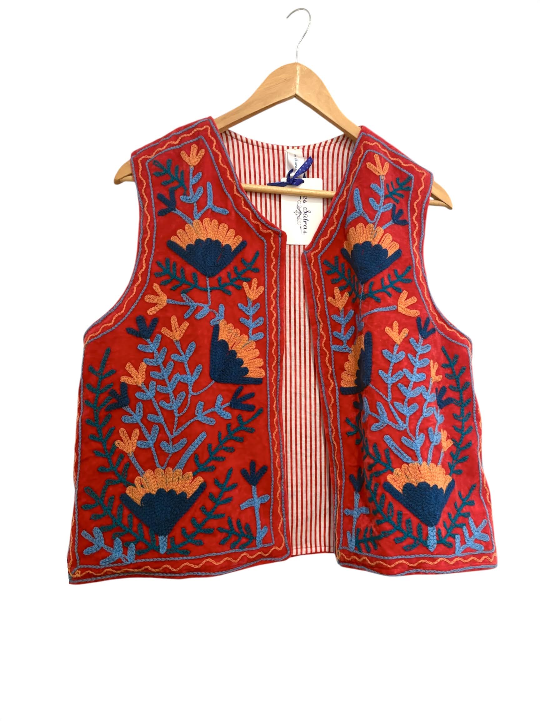 Velvet Suzani Embroidered Gillet - Red