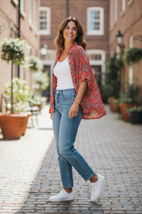 Modal Silk Kaftan - Block Print Top - Rust Brown