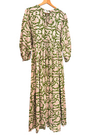 Green Leaf Print Cotton Long Dress