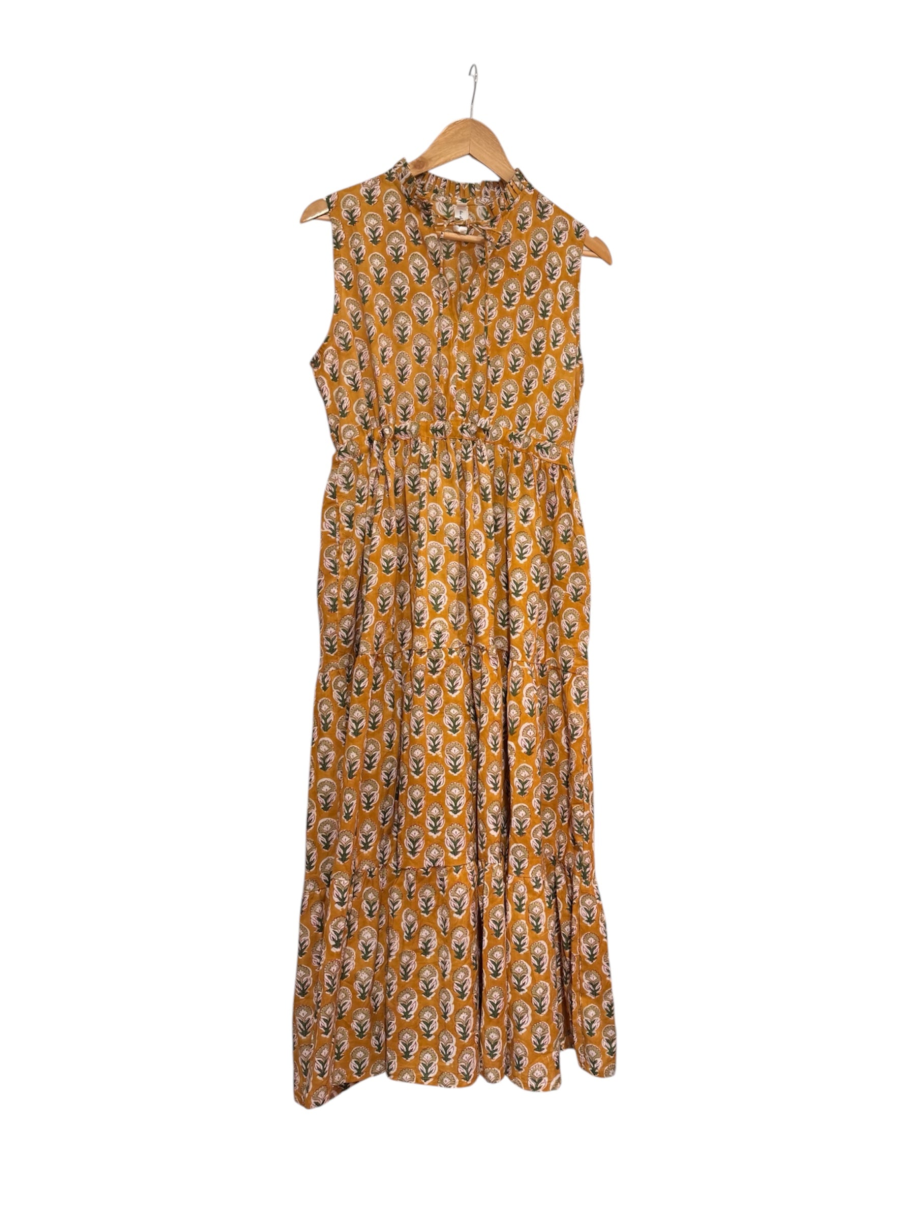 Mustard yellow Floral Cotton Long Dress - sleeveless