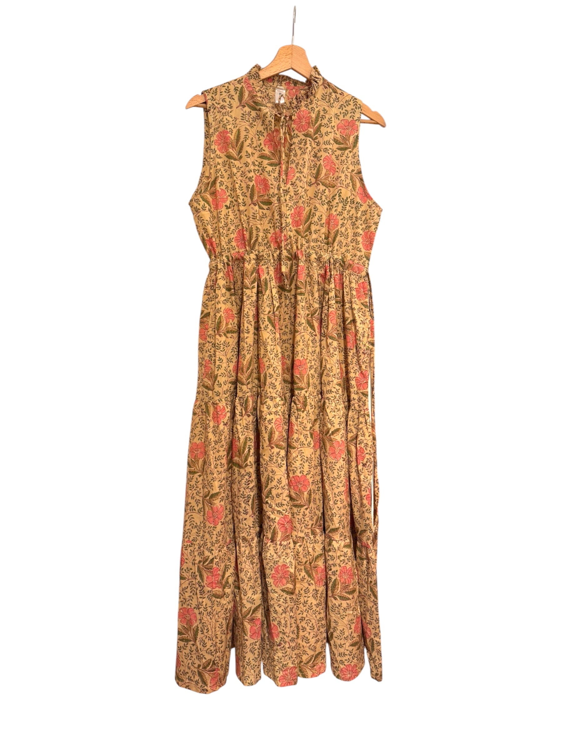 Beige and Pink Floral Cotton Long Dress - sleeveless