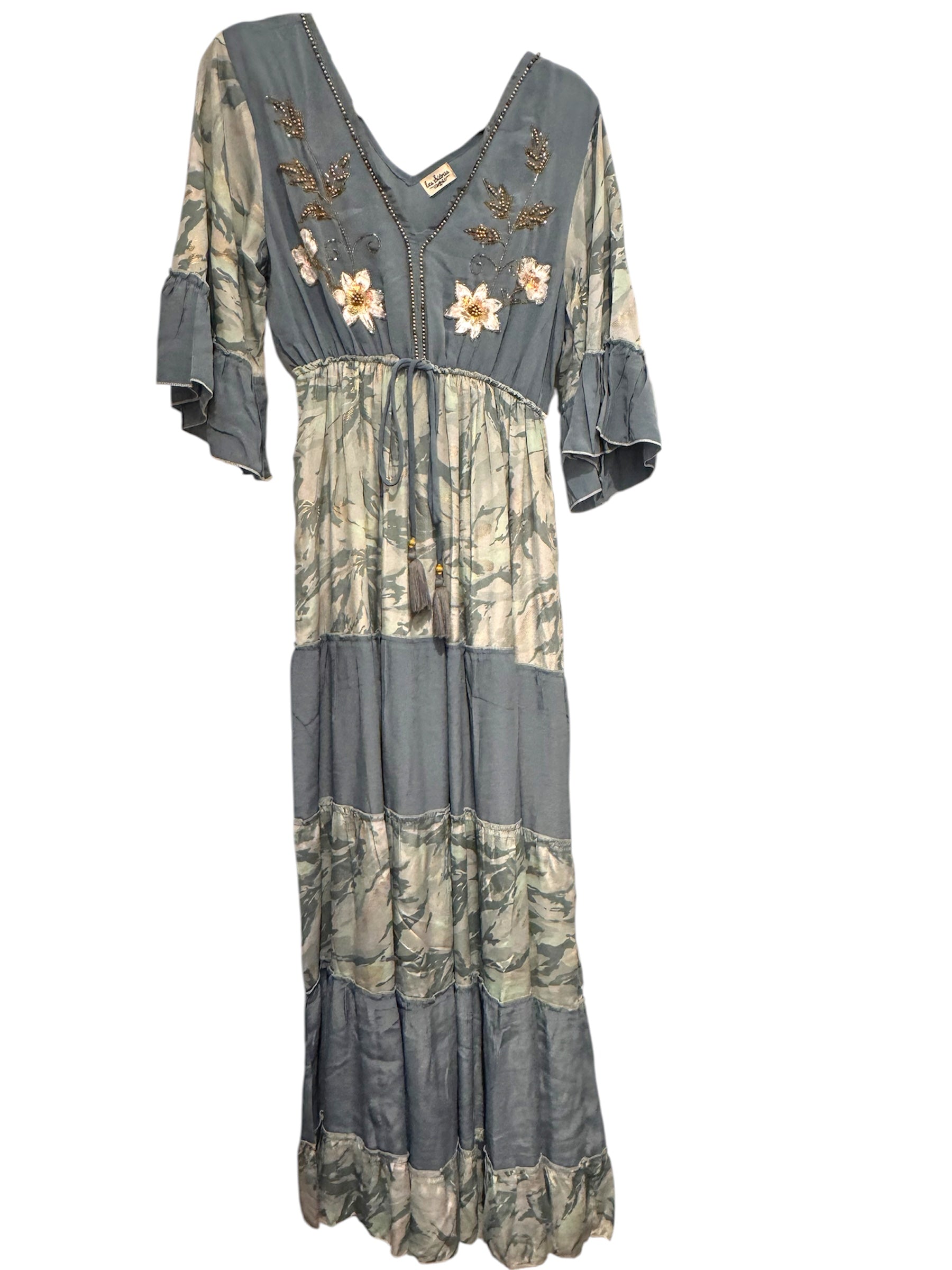 Grey Embroidered Silk Maxi Dress