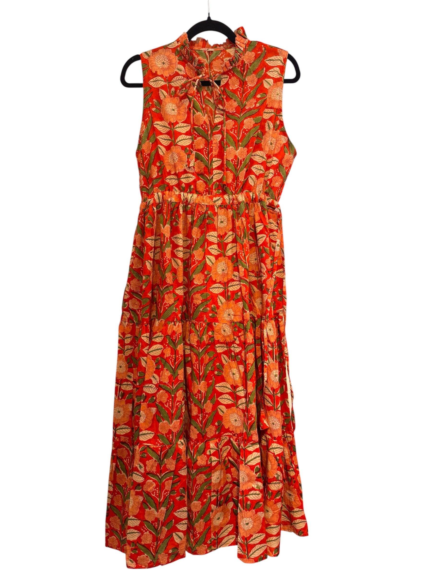 Orange-Red Floral Cotton Long Dress - sleeveless