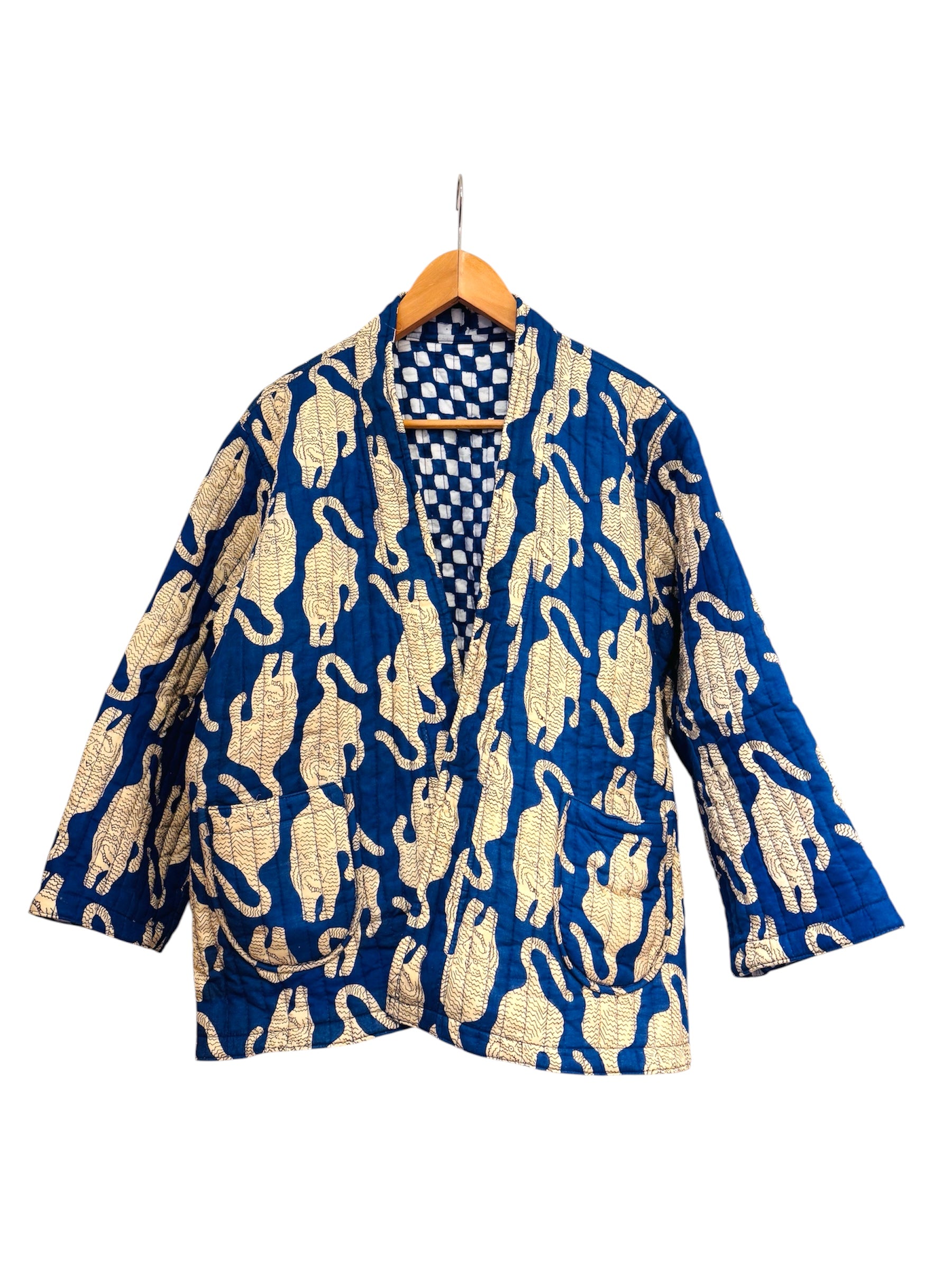 Cotton - Quilted Jacket Reversible With Belt - Blue