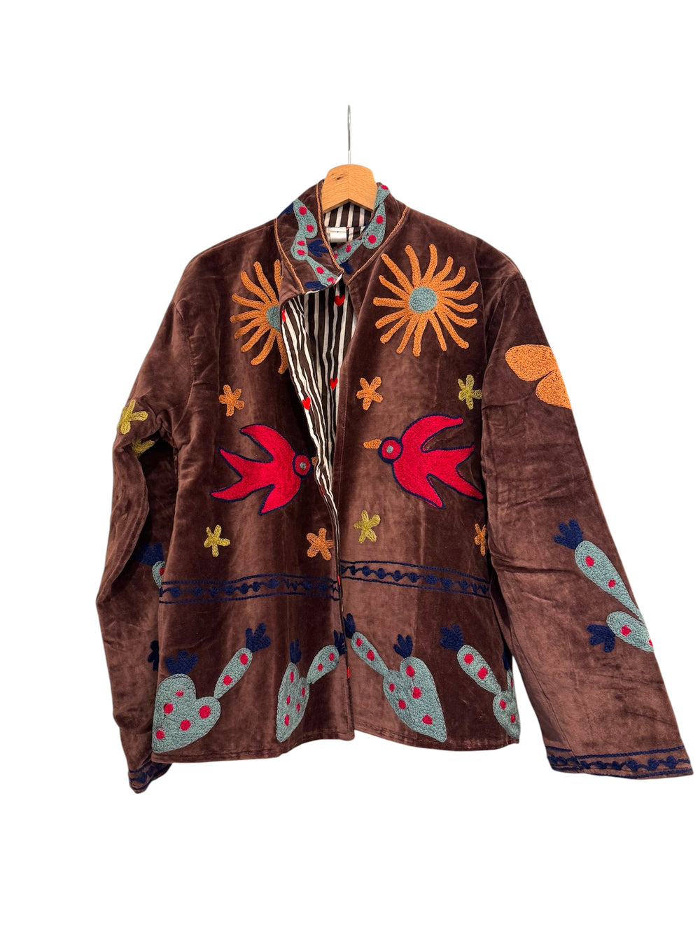 Velvet Suzani Embroidered Jacket - Dark Brown base with Red and Yellow Threadwork