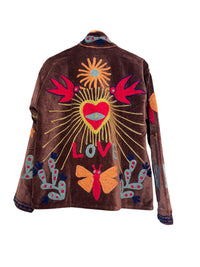 Velvet Suzani Embroidered Jacket - Dark Brown base with Red and Yellow Threadwork