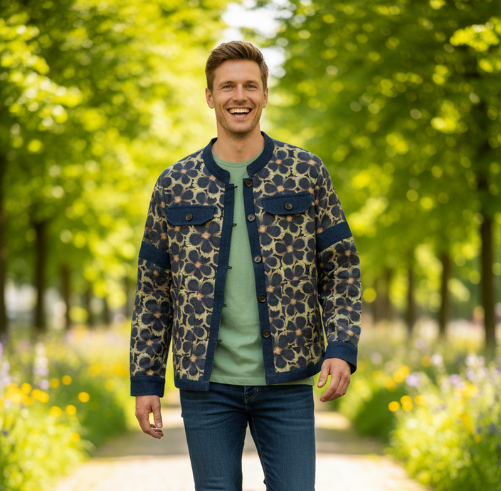Denim Floral Printed Jacket for Men