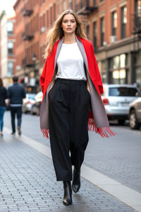 Model wearing Les Sûtras Reversible Cape Scarf with Sleeves - Red walking on a city street.