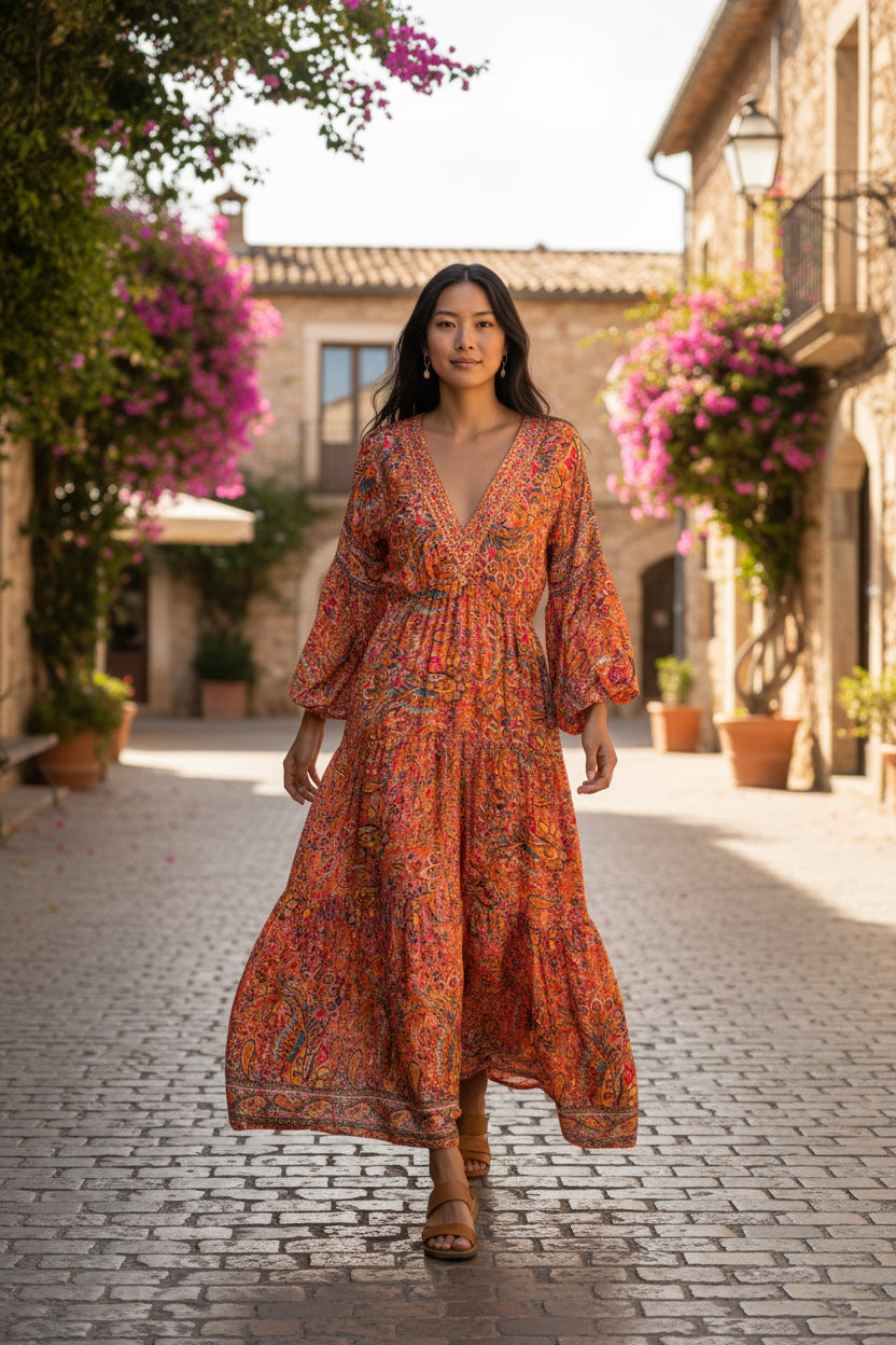 Orange-Red Silk Viscose Dress