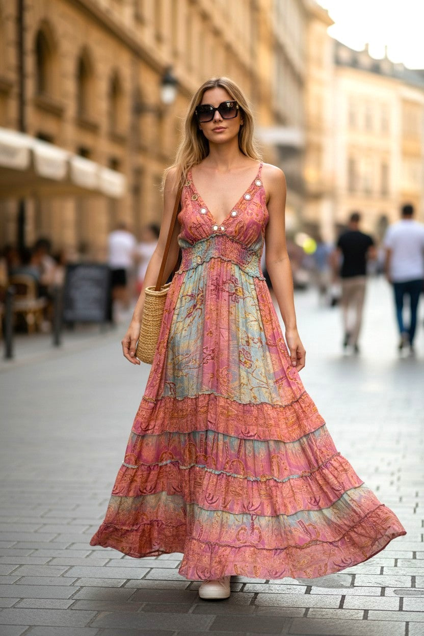 Model wearing Les Sûtras Silk - Viscose Dress - Pink.