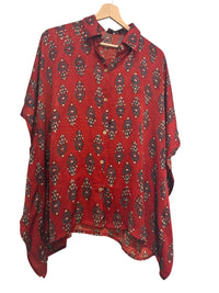 Silk Kaftan - Block Print Top - Red 