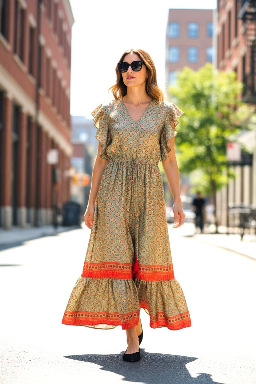 Model wearing Les Sûtras Silk Viscose Dress - Mint Green and Red