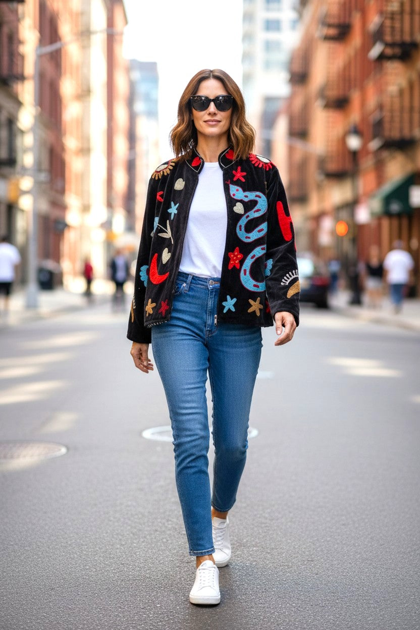 Model wearing Les Sûtras Suzani Embroidered - Cotton Jacket - Blue paired with white shirt, blue jeans, and white sneakers.