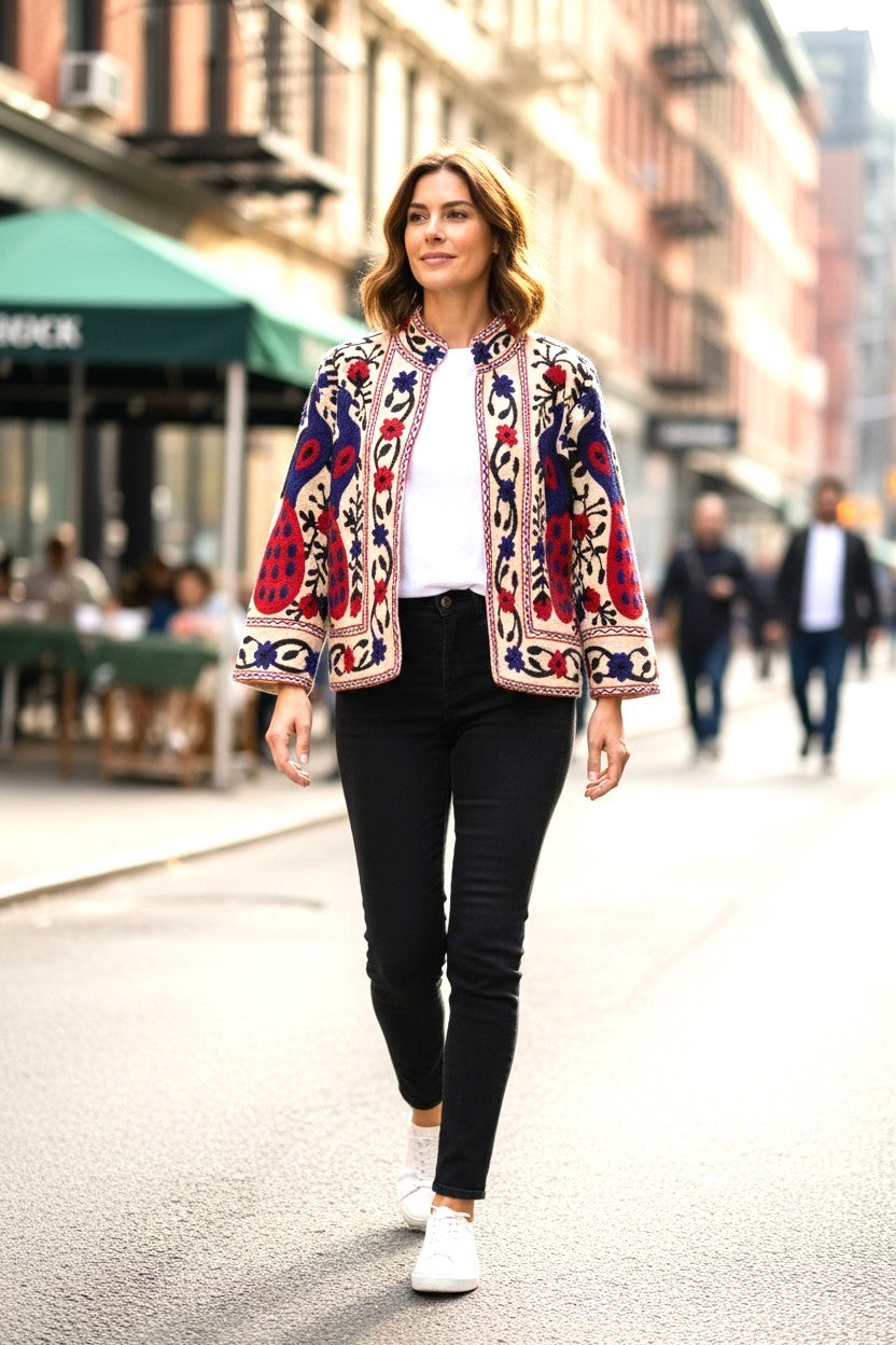 Model wearing Les Sûtras Suzani Embroidered Peacock - Cotton Jacket - Ivory - paired with black jeans and white t-shirt. 