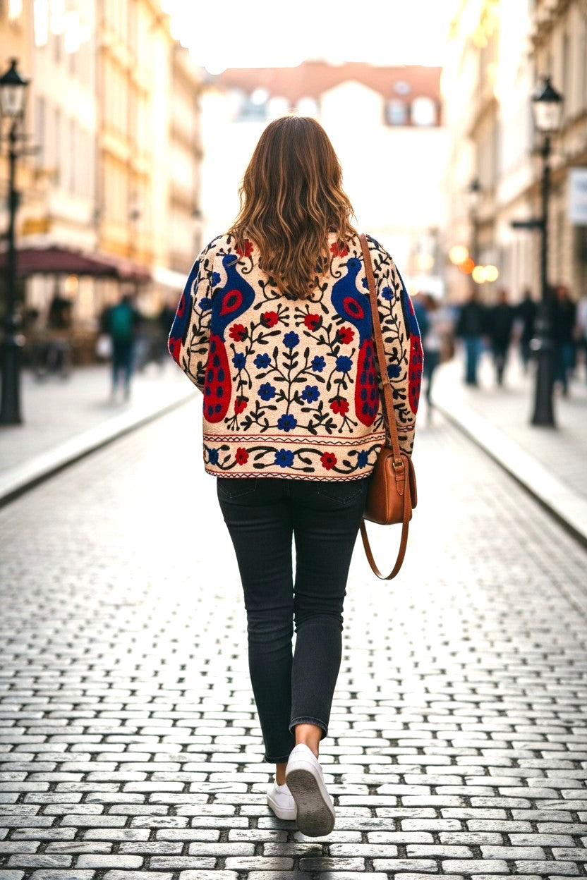 Model wearing Les Sûtras Cotton Suzani Embroidered Peacock Jacket - Ivory - paired with black jeans and white t-shirt. 
