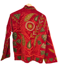 Les Sûtras Velvet Suzani Embroidered Jacket - Orangish Red with floral patterns on a white background