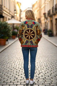Model wearing a Les Sûtras colourful Velvet Suzani - Embroidered Jacket - Green on a city street