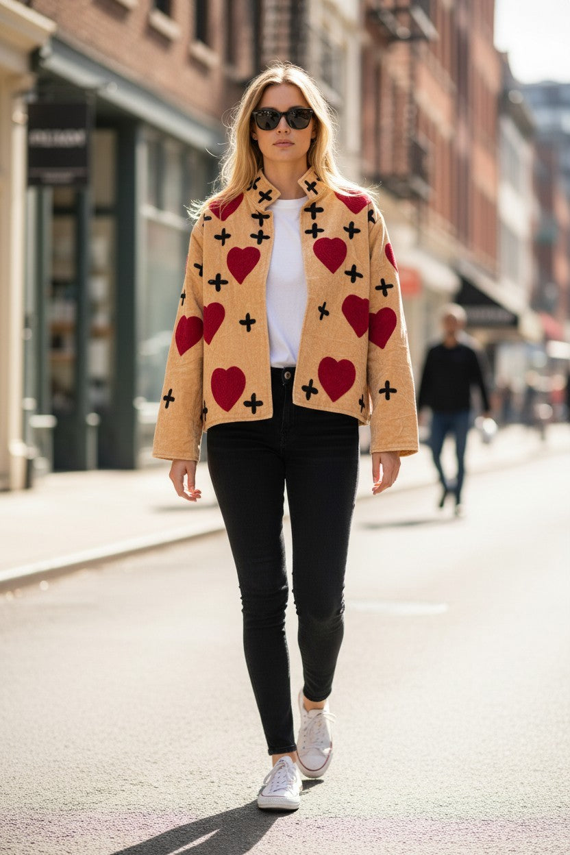 Model wearing Les Sûtras Velvet Suzani Embroidered Jacket - Ivory with Pink Hearts paired with white t-shirt and black trousers.