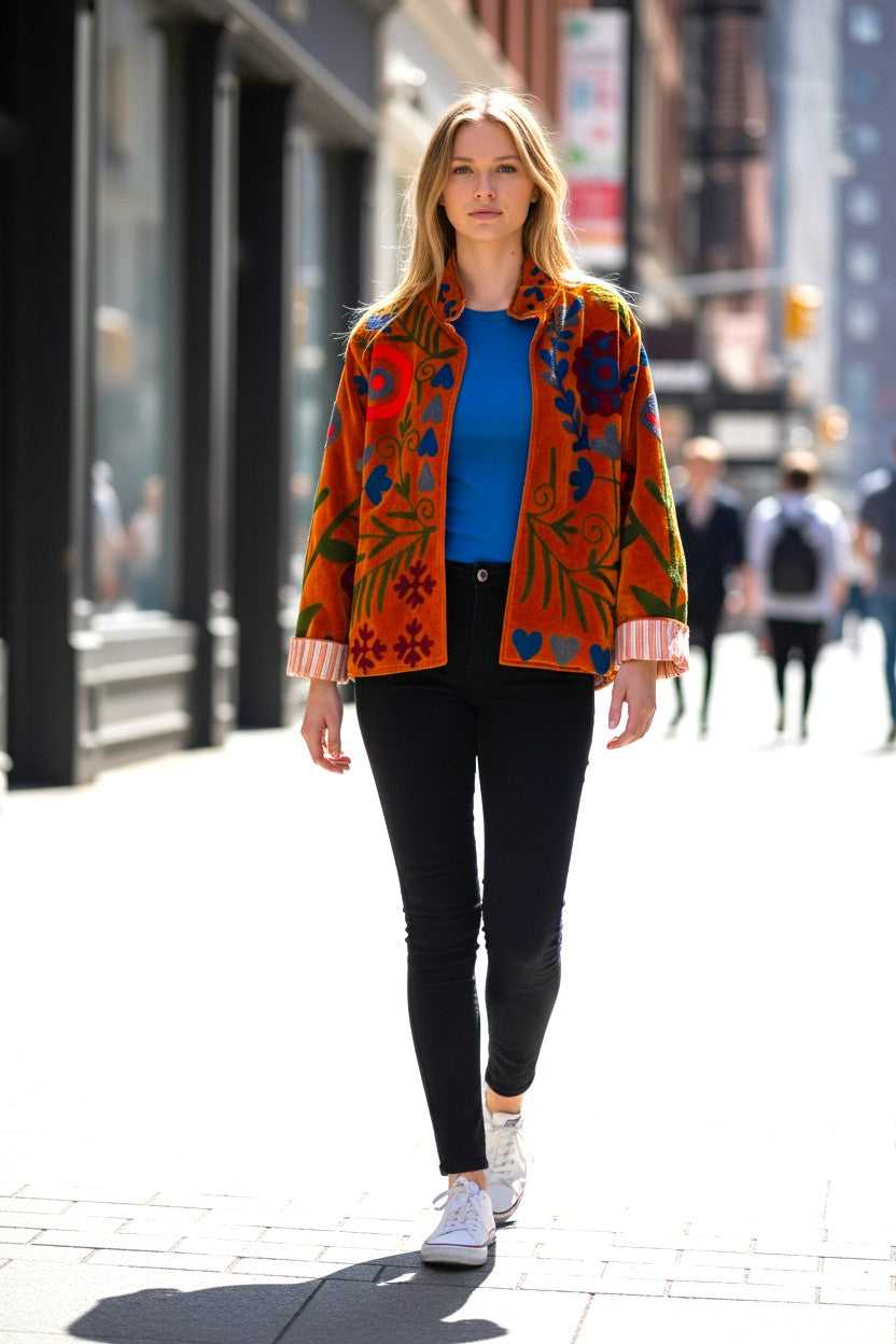 Model wearing a colourful Les Sûtras Velvet_Suzani_Embroidered_Jacket_Brown on a city street