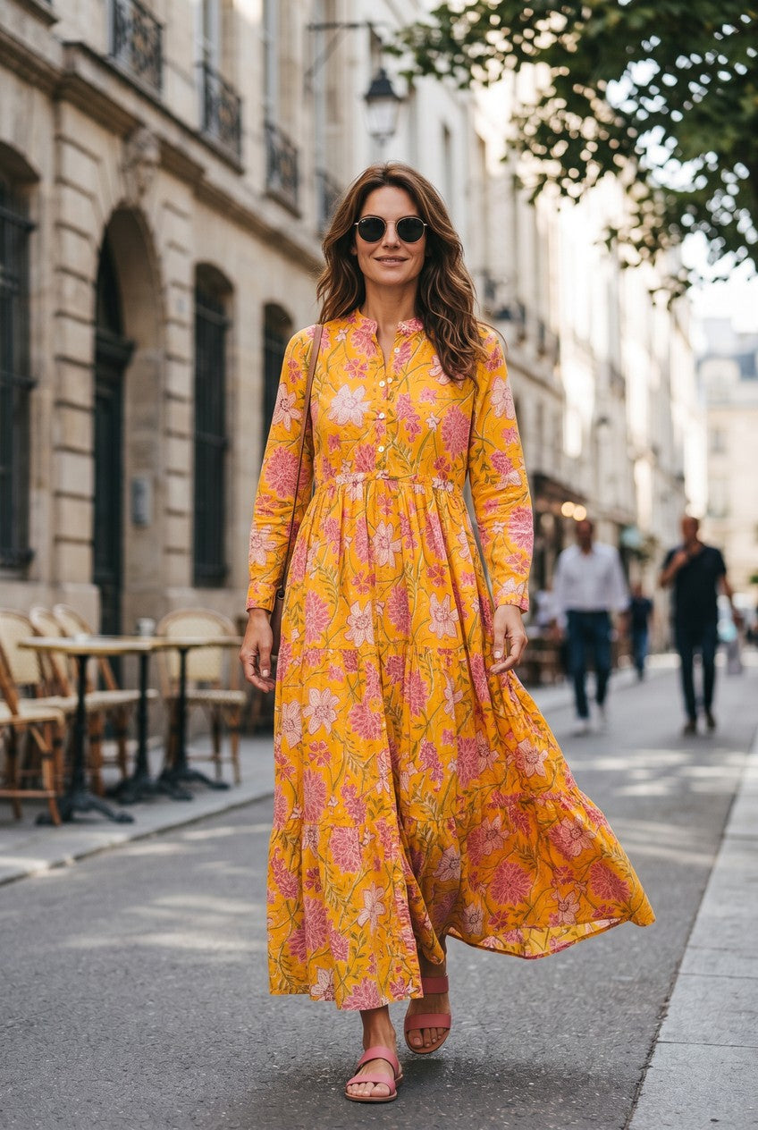 Yellow Floral Cotton Long Dress