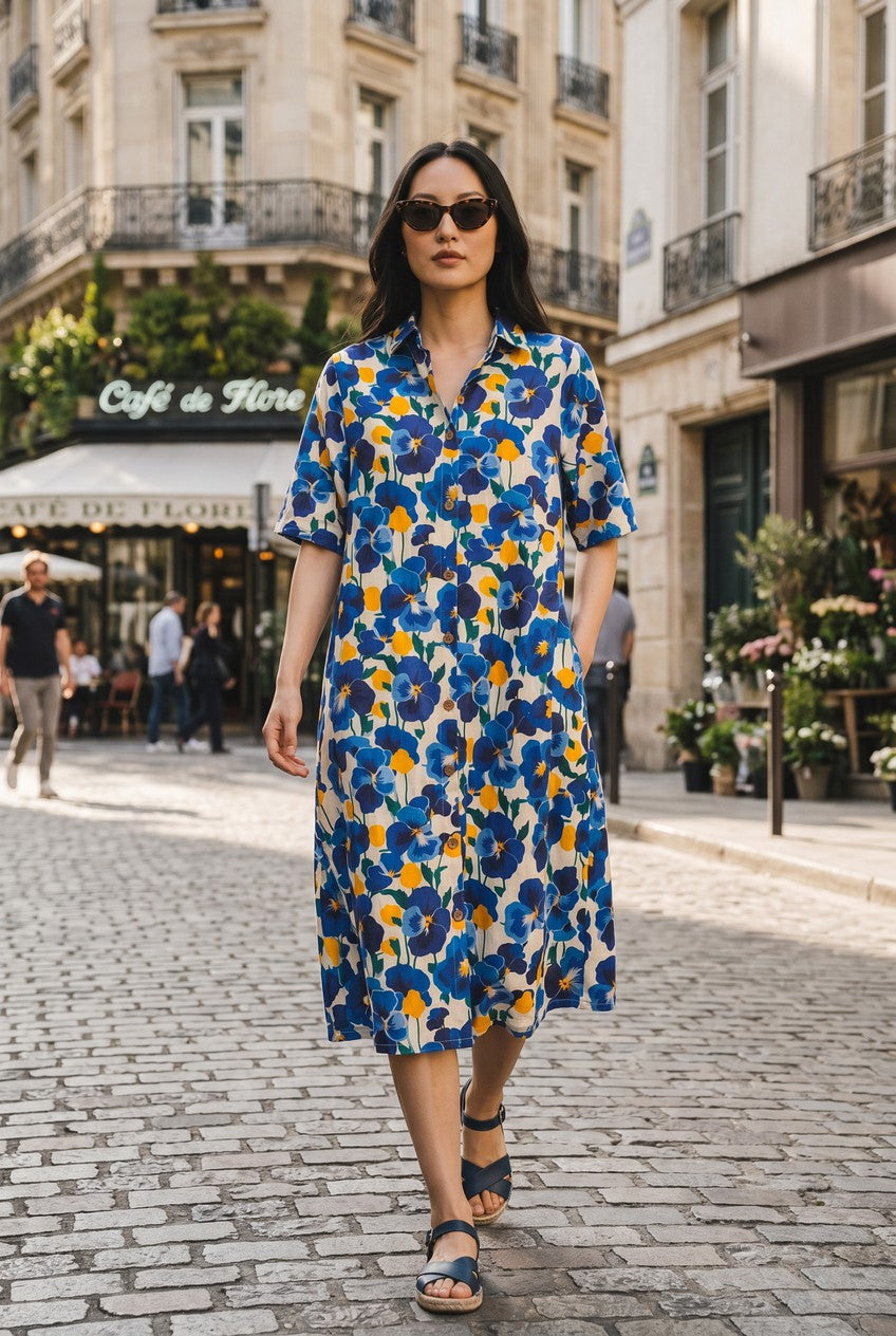 Blue Floral Cotton Short Dress