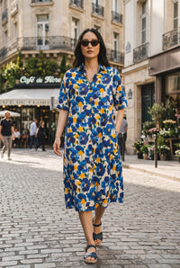 Blue Floral Cotton Short Dress