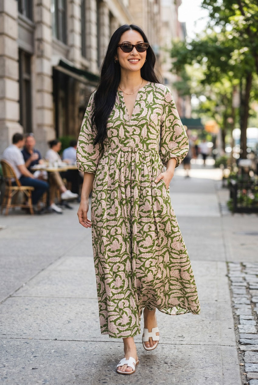 Green Leaf Print Cotton Long Dress