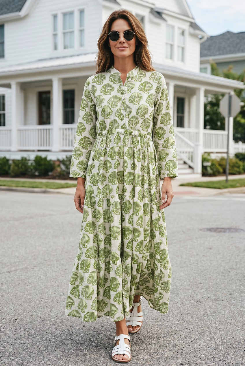 Green Floral Cotton Long Dress
