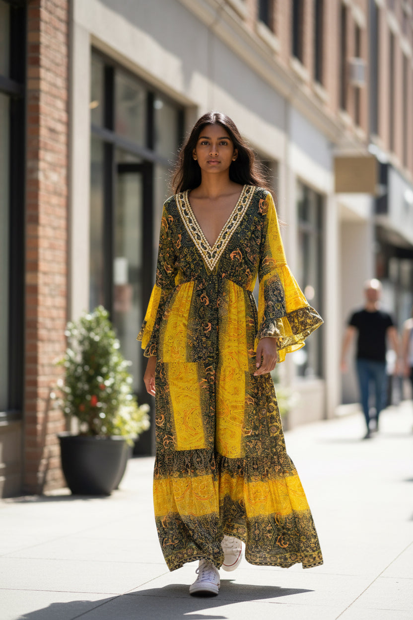 Mustard Yellow-Green Silk Viscose Dress