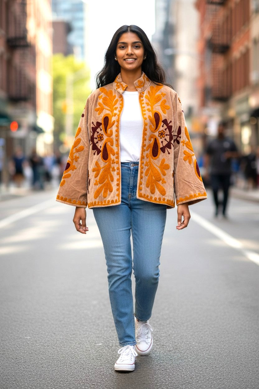 Velvet Suzani Jacket - Peach