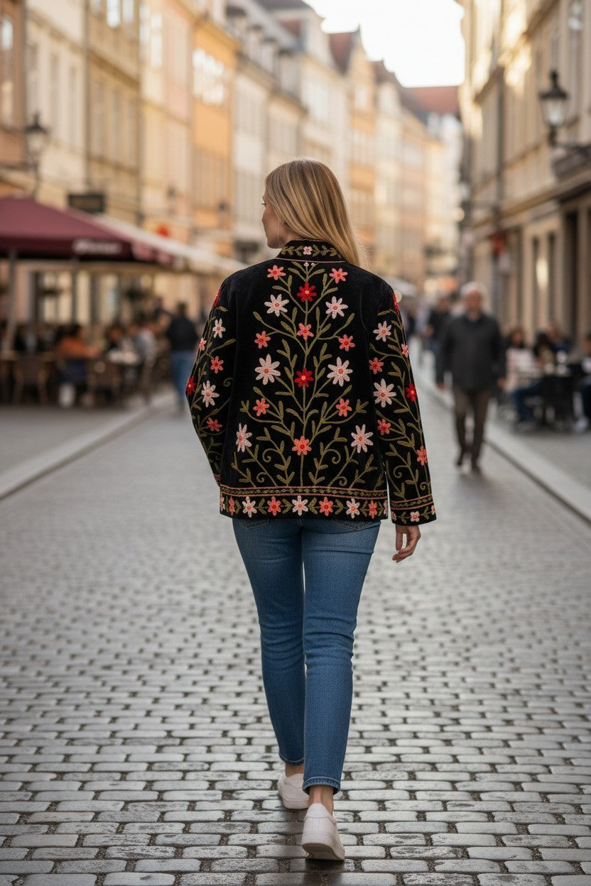 velvet Suzani Embroidered  Jacket - Floral Black