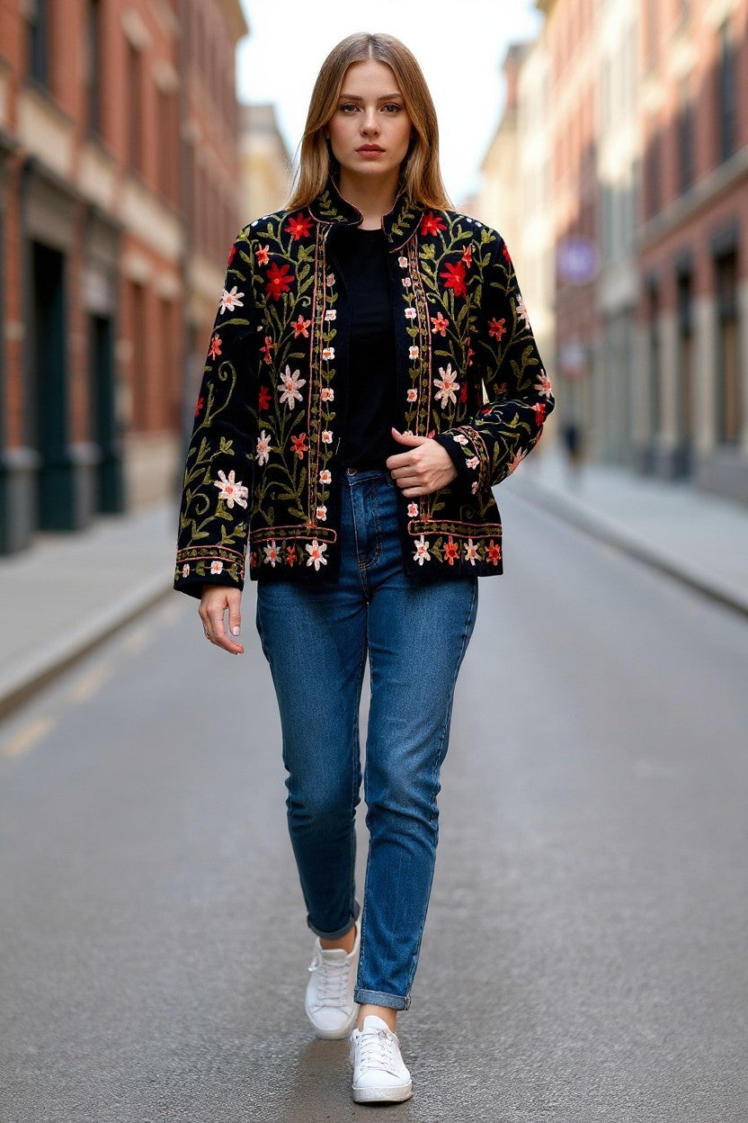 velvet Suzani Embroidered  Jacket - Floral Black