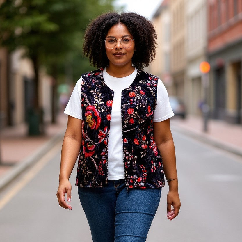 Woman walking on a street wearing a floral vest, white shirt, blue jeans, and white sneakers.