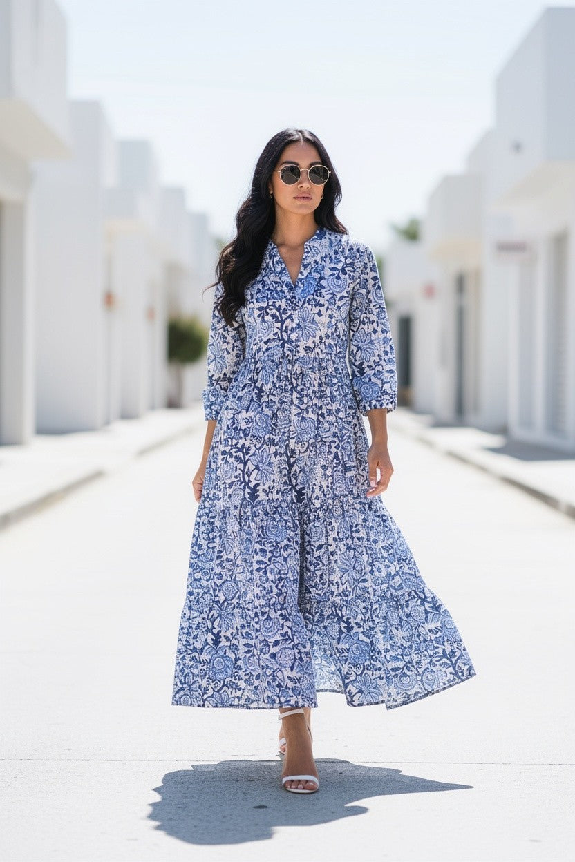 Blue Floral Cotton Long Dress